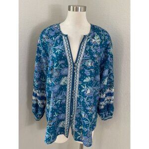 Sundance Womens XL Blue Floral Boho Tunic Top Cotton Silk Blouse Long Sleeve